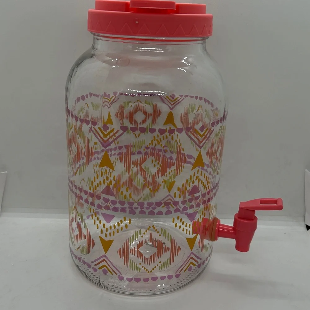 Vintage Colorful Glass Gallon Dispenser Sun Tea Jar:Rosy Geometric Design